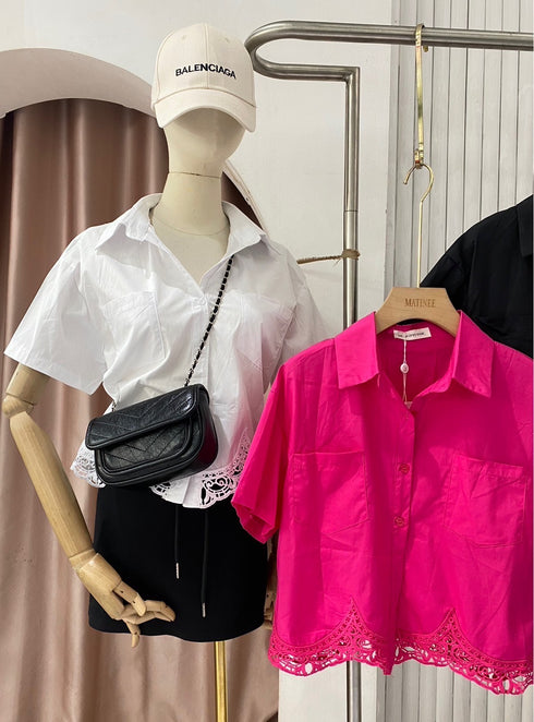 MATINEE Summer Collar Down Lacey Border Short Sleeves Shirt